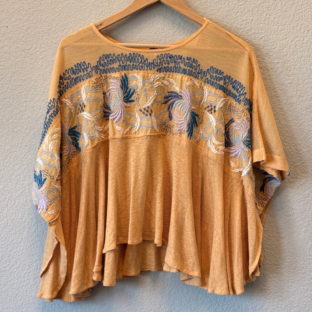 Free People Embroidered Poncho Top Linen Blend Womens XS Orange Boho Floral